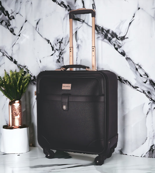 VACANZA Vegan Leather 4 Wheel Trolley Bag / Laptop Roller Case Unisex Small Cabin Size 43 cms (Black)
